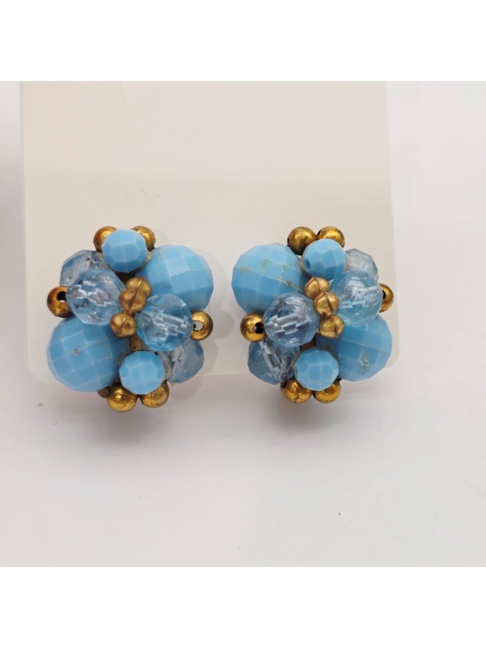 Vintage Gold-Tone Blue Beaded Clip-On Earrings 1"